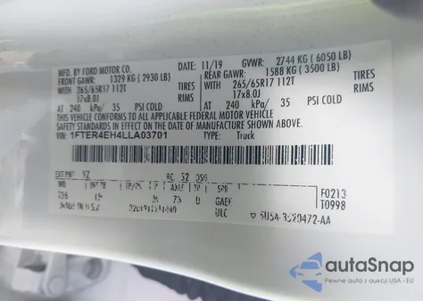 2020 Ford Ranger Xlt из США, поврежденный, VIN 1FTER4EH4LLA03701